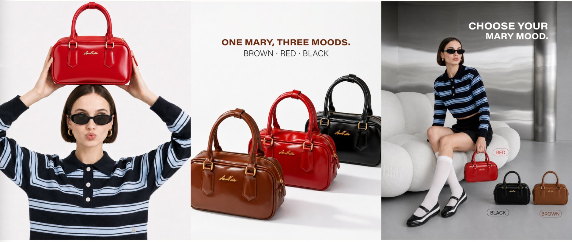One Mary, three moods. Brown, red, black.